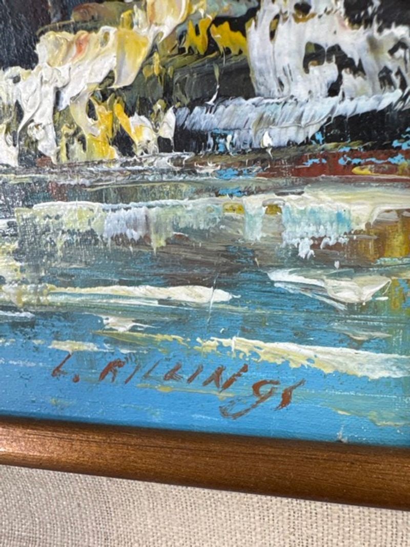 Vintage Oil on Canvas Painting: Original Vintage Oil on Canvas in beautiful ornate gold toned wood frame with linen border. Signed by artist.