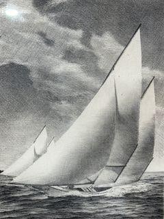 Vintage Framed John Moll 1970 Nautical Lithograph: Black-and-white print of racing sailboats titled Racing Log Canoes, pencil signature by John Moll. Numbered 142/150. Presented in a rope-style textured frame.John Moll American Artist 1908-1991Outer