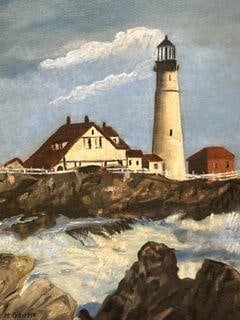 Framed Lighthouse Painting: Framed painting depicting a lighthouse and coastal scene, signed by Mary Griffin. Features a wooden frame with light interior borders. Dimensions H 19 x W 15