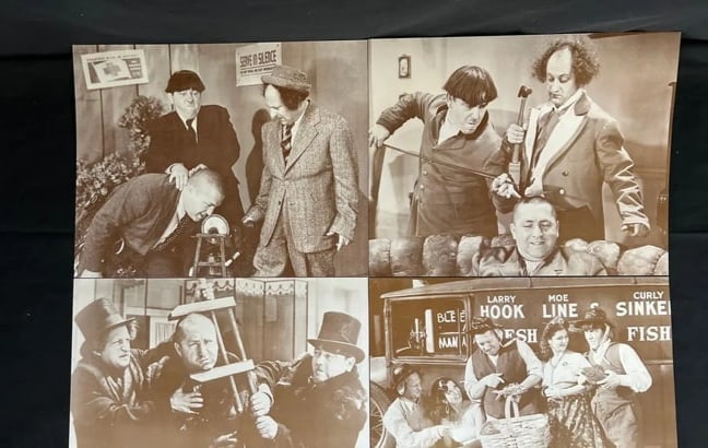 Vintage Three Stooges Photos: Vintage The Three Stooges pictures/prints, Larry Curley and Moe This charming vintage collage features iconic moments from the classic comedy trio, The Three Stooges, captured in sepia tone. Perfect