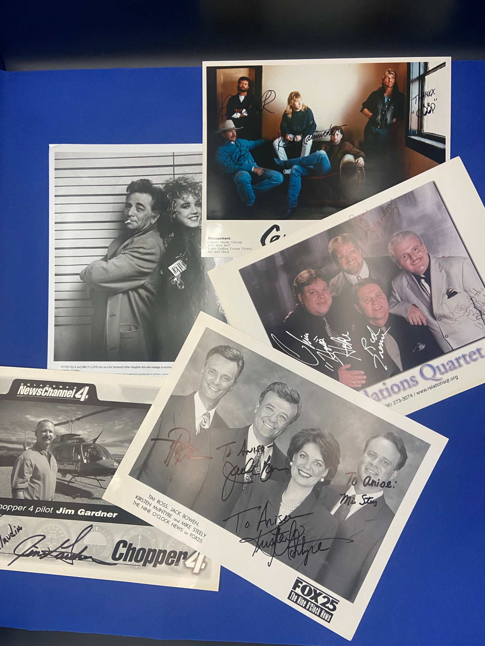 Celebrity Photos Lot: collection features several autographed photographs of various celebrities, including images from television shows and news personalities. Notable names can be seen across these prints, along with