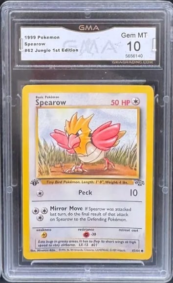 1999 POKEMON CARD JUNGLE SET 1ST EDITION #62 Spearow 10 GEM MT ENGLISH 62/64: 1999 POKEMON CARD JUNGLE SET 1ST EDITION #62 Spearow GMA 10 GEM MT ENGLISH 62/64