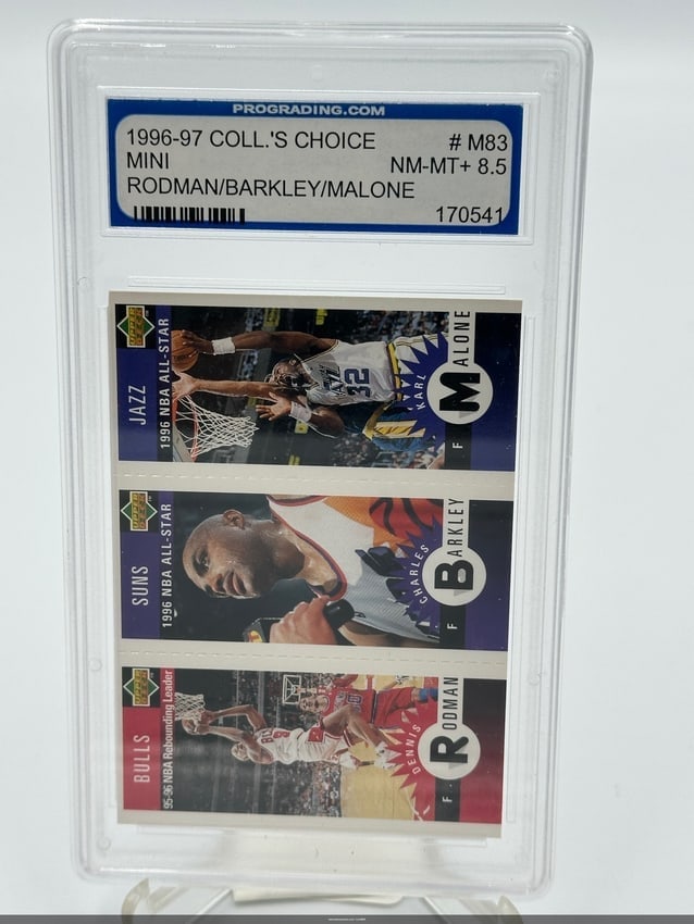 1996-97 Coll. Choice Mini Rodman, Barkley, Malone Card: This is a 1996-97 Coll. Choice Mini basketball card featuring three renowned players: Dennis Rodman, Charles Barkley, and Karl Malone. The card is graded NM-MT+ 8.5, showcasing a high-quality