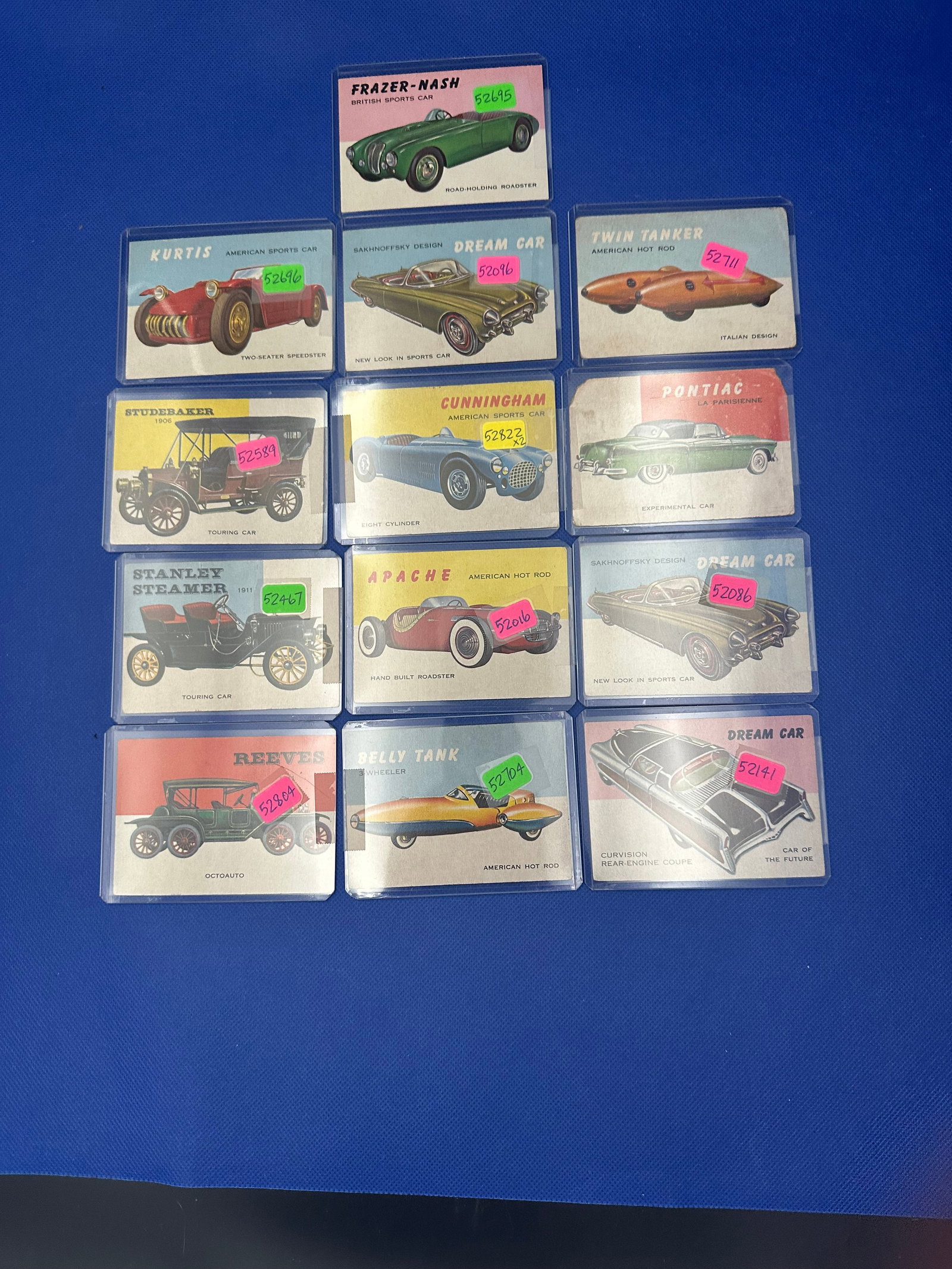 1953- beyond a lot of Vintage Topps Auto Cards Collection: This collection features vintage automobile trading cards showcasing classic cars from various eras. Notable cards include 'Dream Car', 'Cunningham', and 'Apache', each highlighting unique design