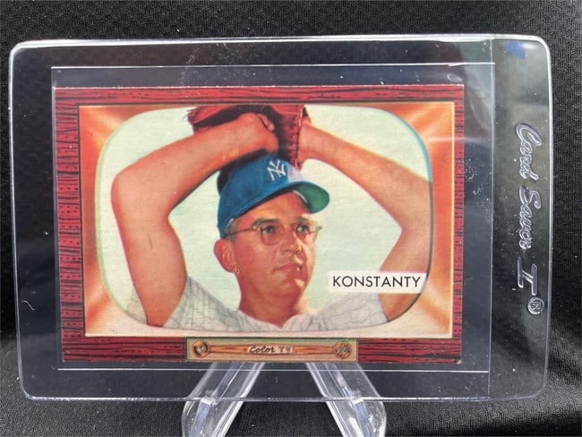 This is a vintage 1955 Bowman #231 baseball card featuring pitcher Jim Konstanty.: Casimir James "Jim" Konstanty (1917?1976) was a prominent pitcher who notably won the National League MVP award in 1950 while pitching for the Philadelphia Phillies,