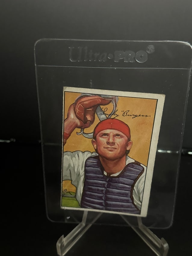 1952 Bowman baseball card featuring catcher Smoky Burgess (#181).: This is a 1952 Bowman baseball card featuring catcher Smoky Burgess (#181).