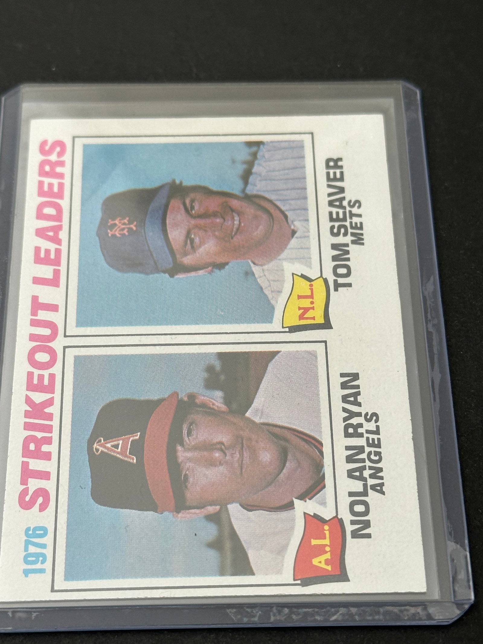 1976 Topps baseball card featuring Strikeout Leaders Nolan Ryan and Tom Seaver (1 of 2)