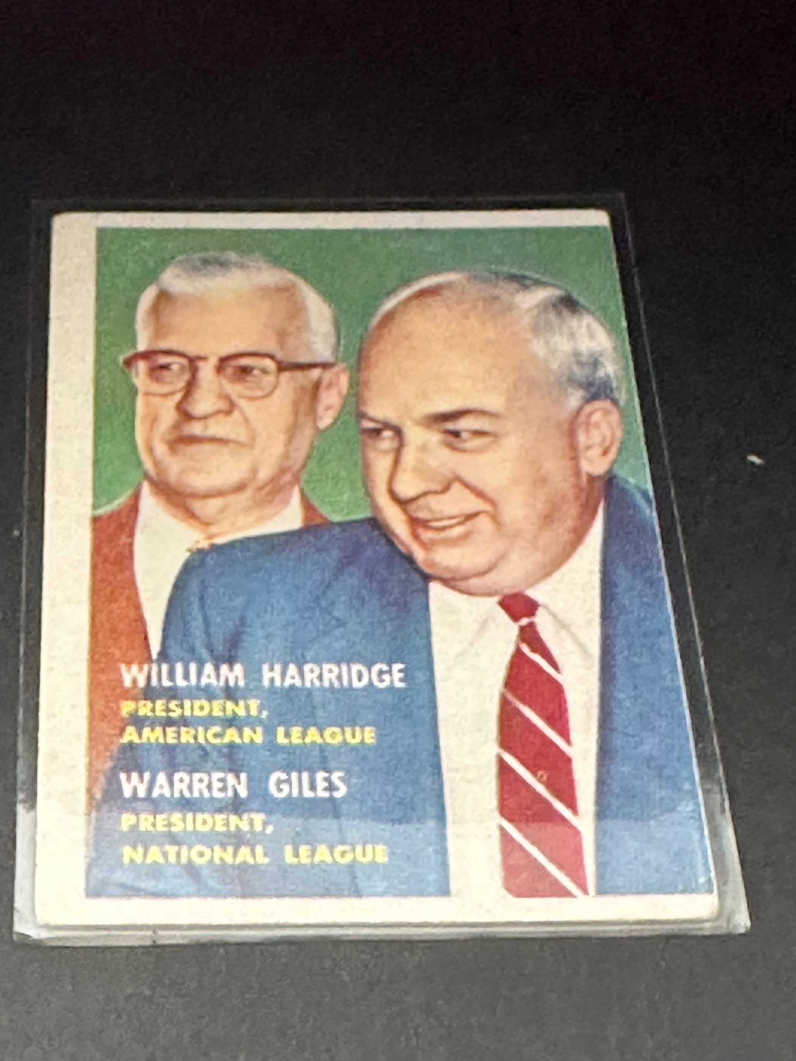 American League President William Harridge and National League President Warren Giles.: This is a 1954 Topps baseball trading card featuring American League President William Harridge and National League President Warren Giles. It is a vintage collectible card highlighting the leadership