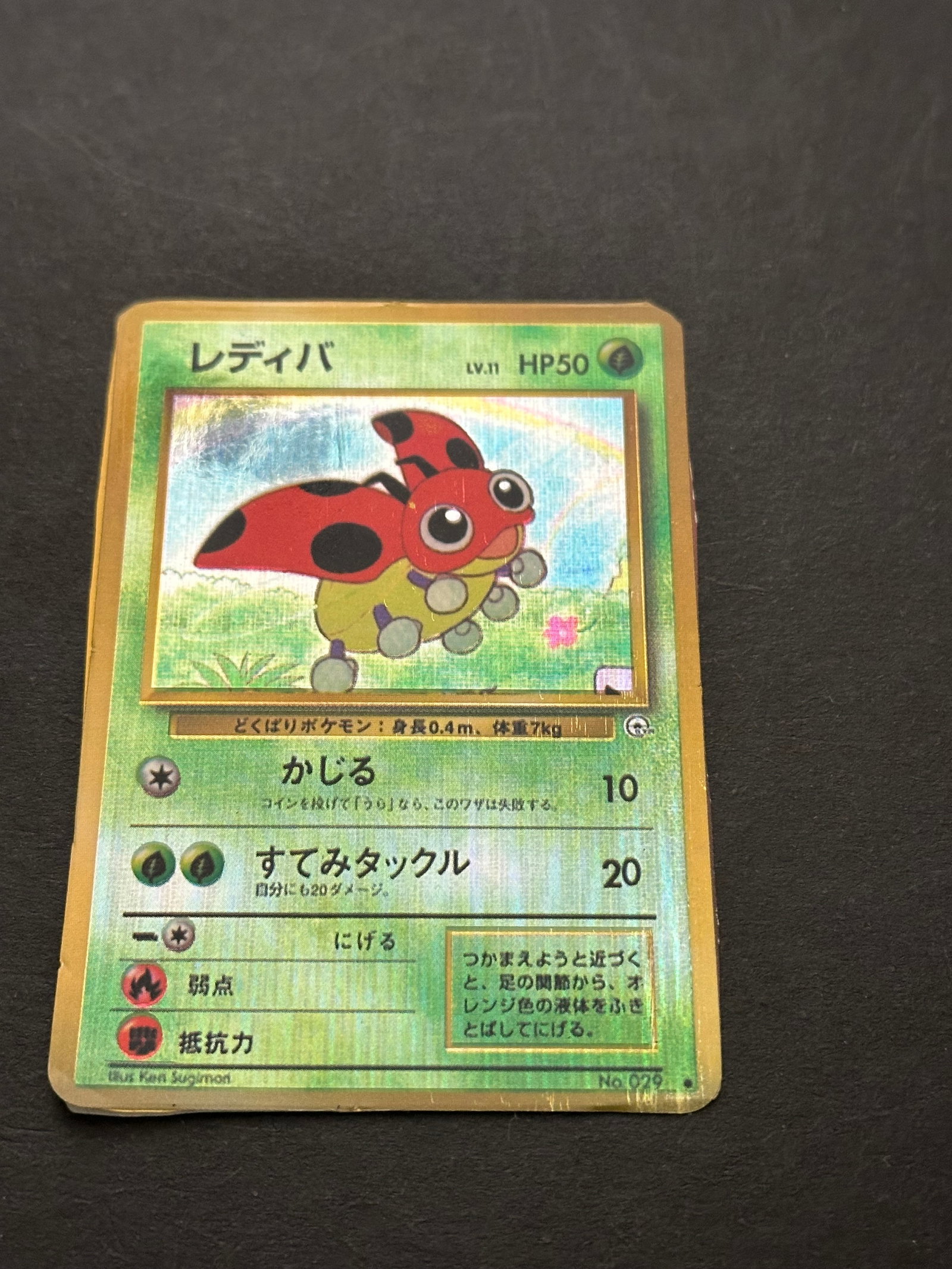 Ledyba Japanese Pokemon Neo Genesis Holographic: Japanese Ledyba card from the Neo Genesis expansion set. The card features artwork by Ken Sugimori and shows signs of wear, particularly on the edges and surface. It is a classic Gen 2 Pokémon card.M