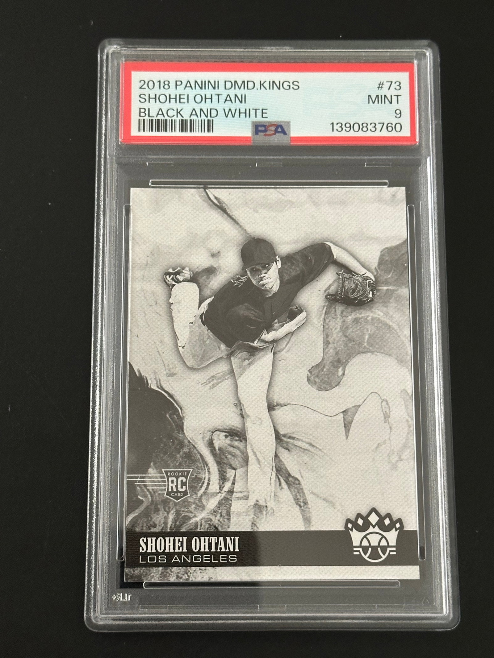 2018 Panini Diamond Kings Shohei Ohtani rookie card, variation #73, graded PSA 9: This image shows a 2018 Panini Diamond Kings Shohei Ohtani rookie card, variation #73