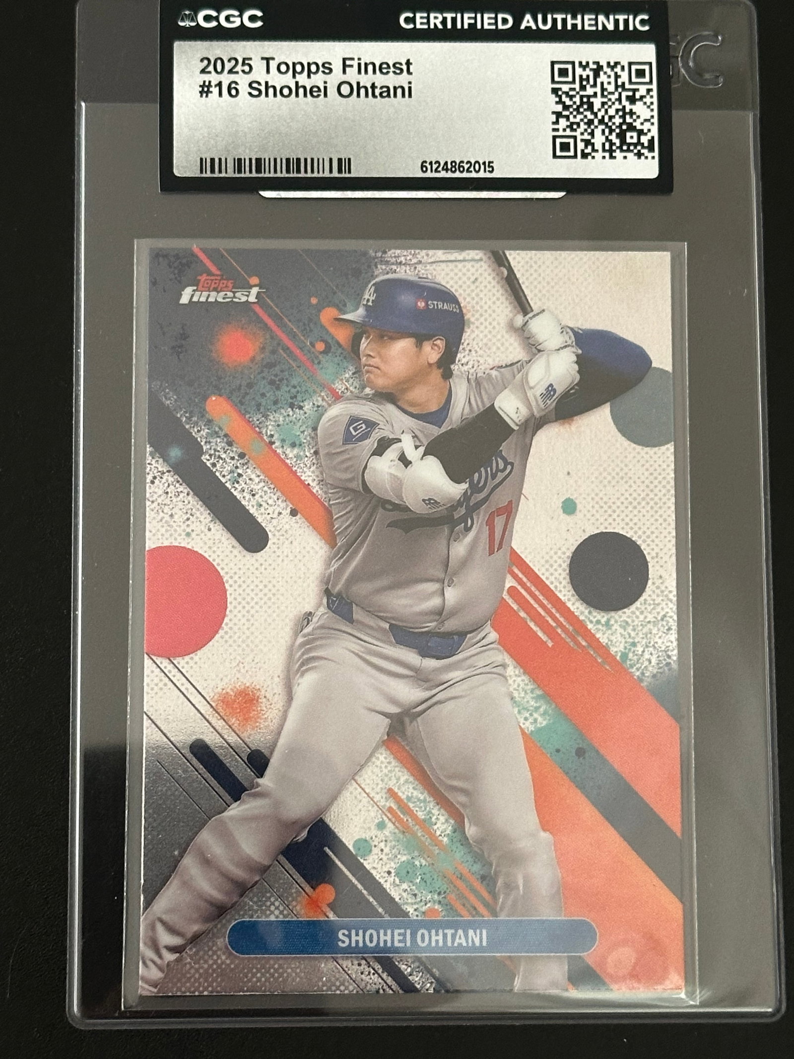2025 Topps Finest #16 Shohei Ohtani: 2025 Topps Finest #16 Shohei Ohtani trading card, graded by CGC as "Certified Authentic".Card Information: This is card #16 from the 2025 Topps Finest set featuring Shohei Ohtani of the Los Angeles Do