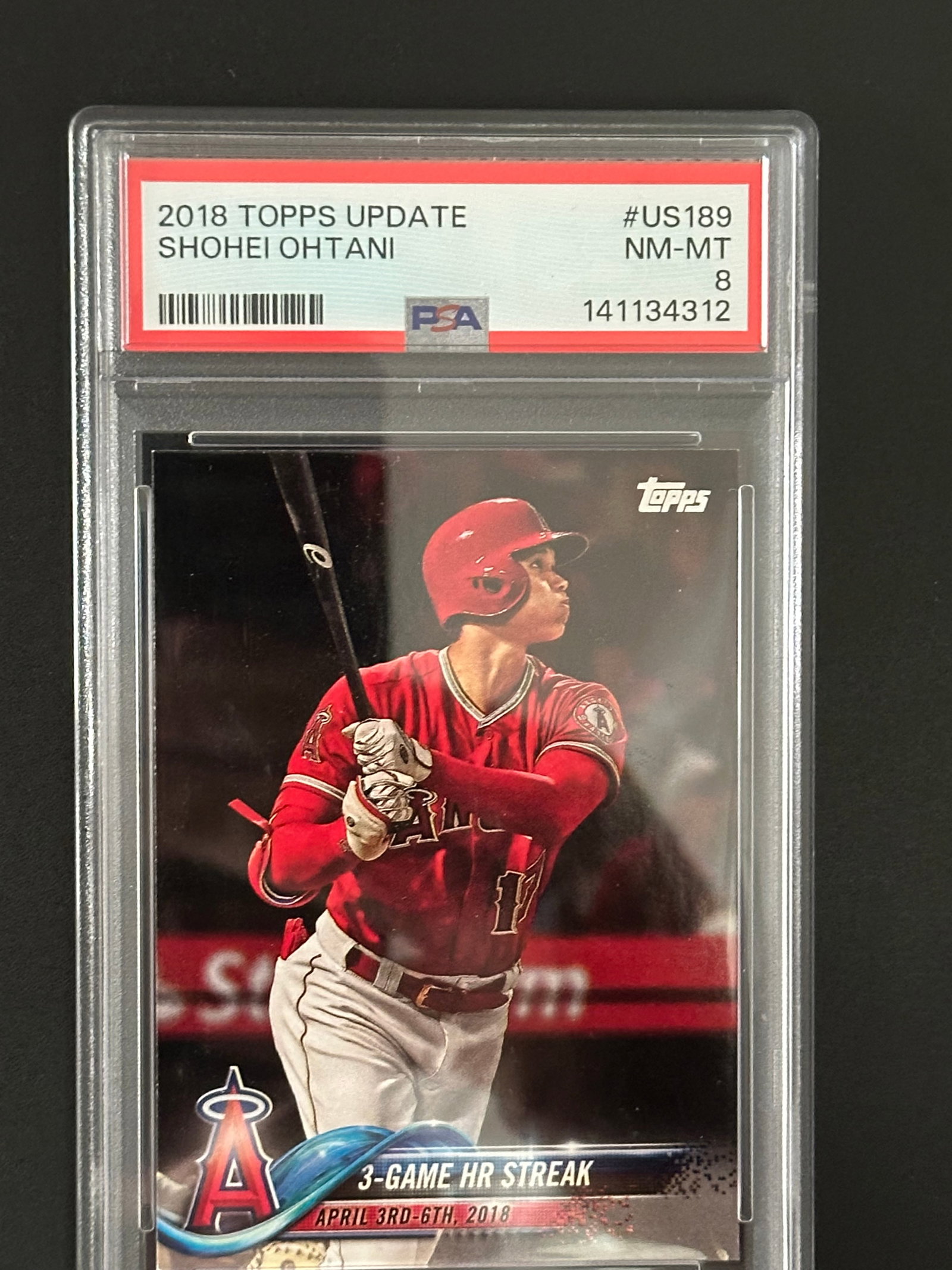 2018 Topps Update Shohei Ohtani rookie card (#US189) highlighting his 3-game home run streak, graded: 2018 Topps Update Shohei Ohtani rookie card (#US189) highlighting his 3-game home run streak, graded as a PSA 8.
