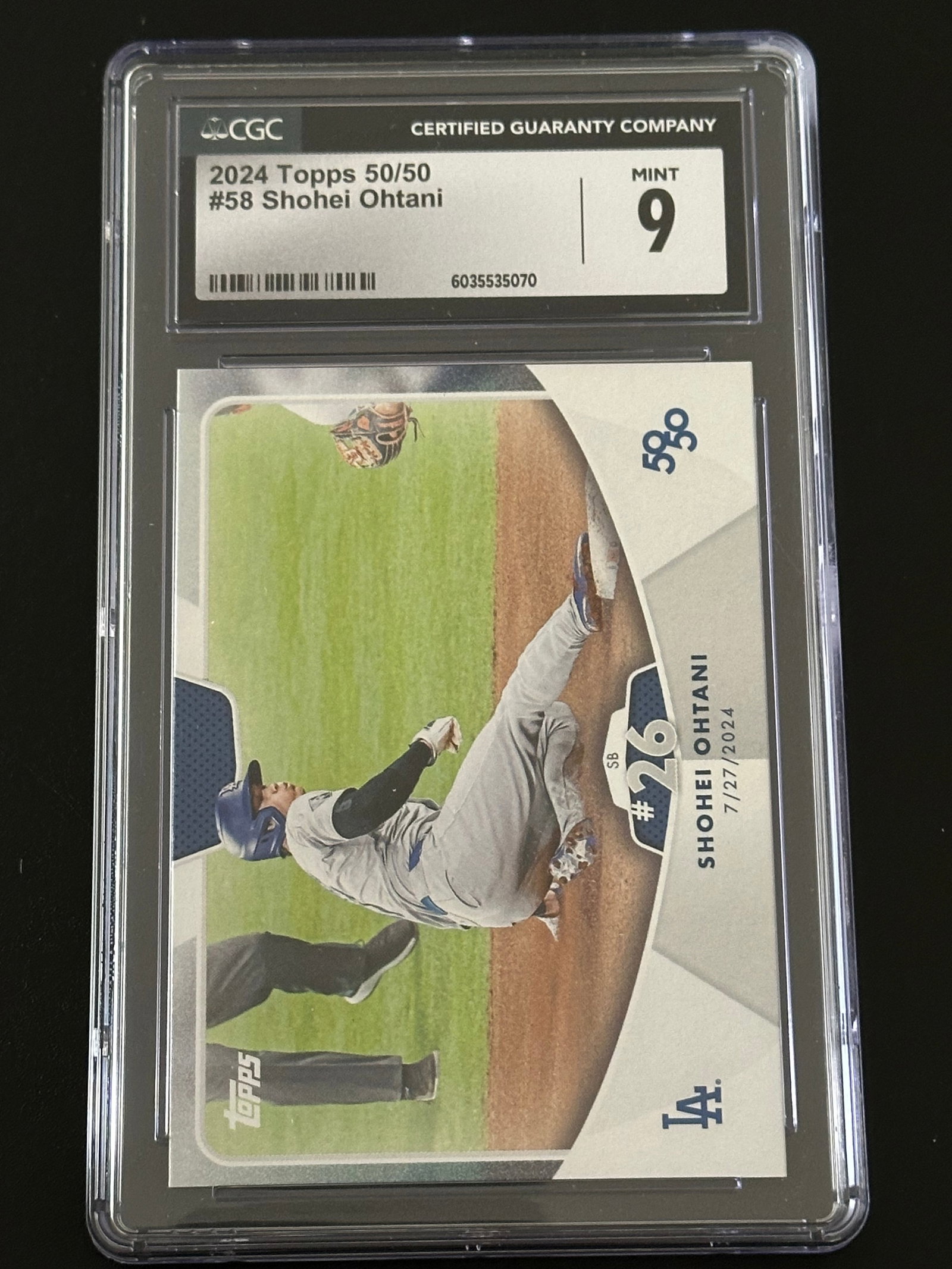 2024 Topps 50/50 Shohei Ohtani #58 baseball: 2024 Topps 50/50 Shohei Ohtani #58 baseball card featuring the Los Angeles Dodgers player.The card is encapsulated