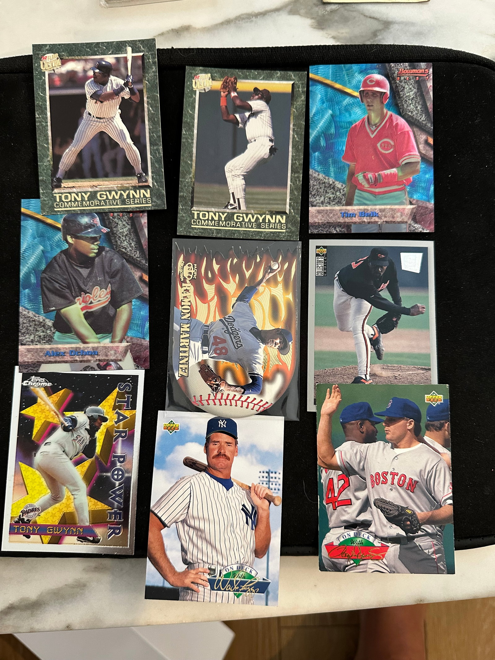 Great LOT - Assorted 1990s MLB Baseball Trading Card Collection: This image features an assortment of 1990s era Major League Baseball cards including players like Tony Gwynn, Ramon Martinez, and Alex Ochoa. The collection includes various sets such as Upper Deck,