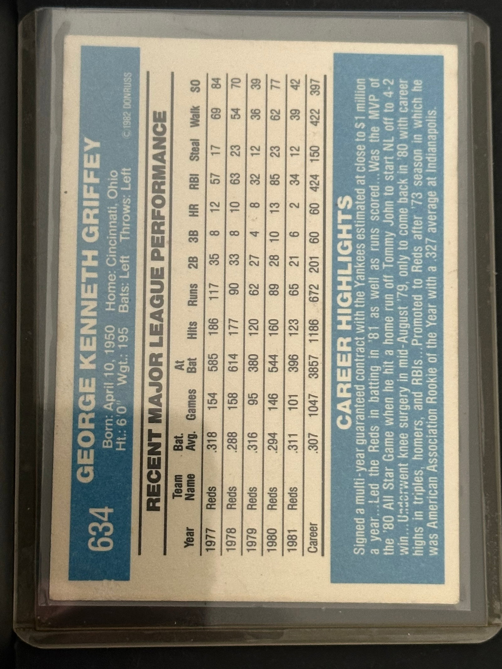 1982 Donruss Ken Griffey Sr Baseball Card - 2