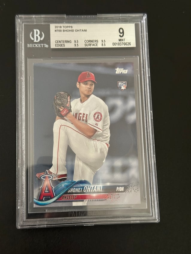 2018 Topps #700 Shohei Ohtani Rookie Card,: 2018 topps #700 shohei ohtani rookie card, graded bgs 9 (mint) by beckett. The card features ohtani pitching for the los angeles angels and bears the "rc" rookie card icon.