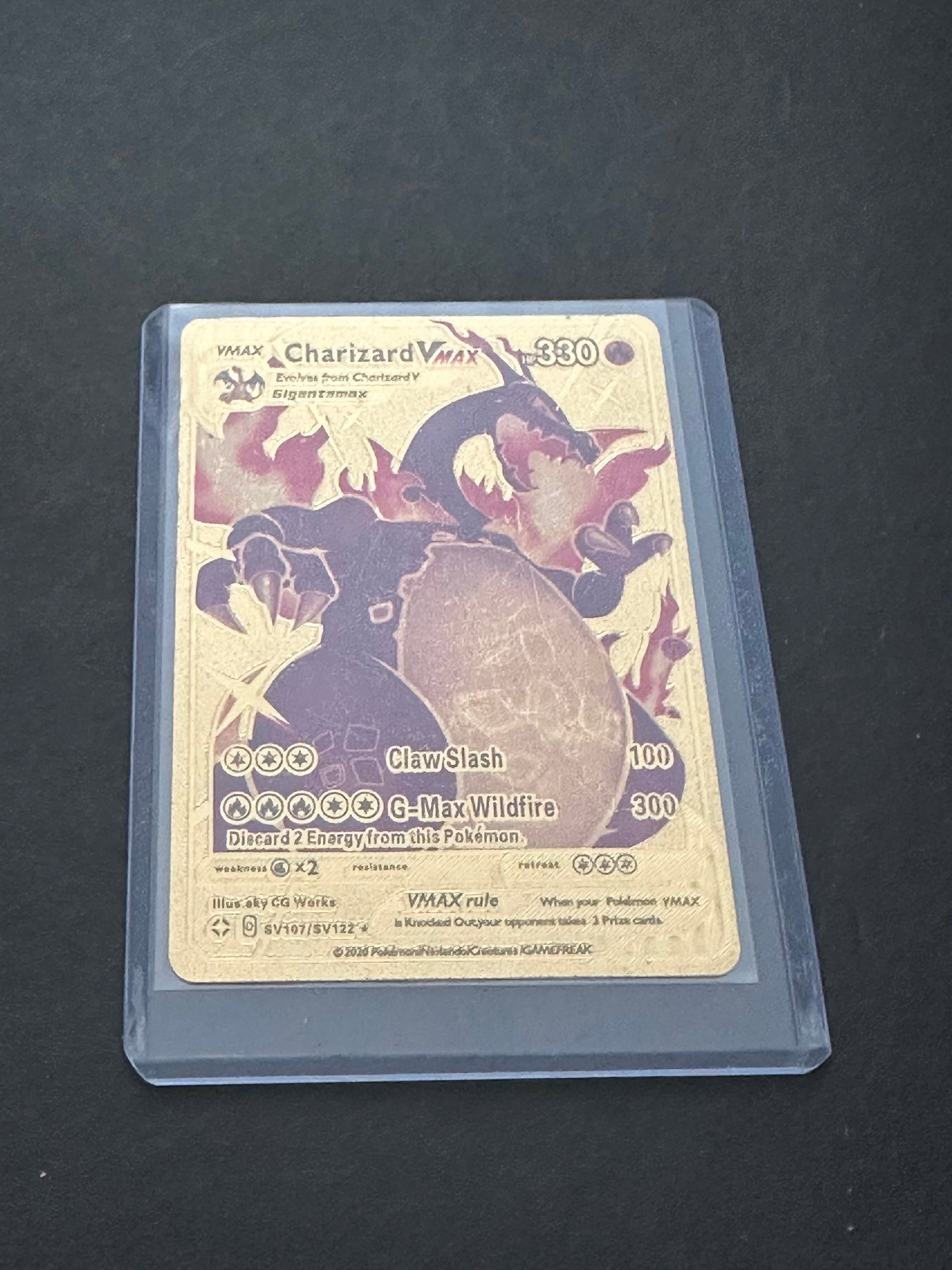 Charizard Vmax Shiny Gold Metal Card: Metal-style custom or novelty 'proxy' trading card featuring charizard vmax from the shining fates expansion. Please note that this is not an official licensed pokemon tcg product, as authentic cards