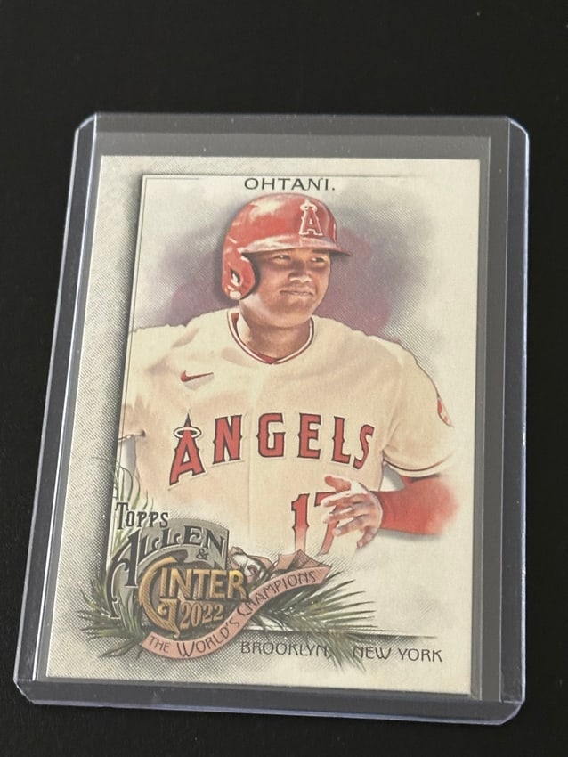 2022 Topps Allen & Ginter #58 Shohei Ohtani: 2022 topps allen & ginter #58 shohei ohtani baseball card in a protective case. Player: shohei ohtani. Card set: 2022 topps allen & ginter. Card number: #58.