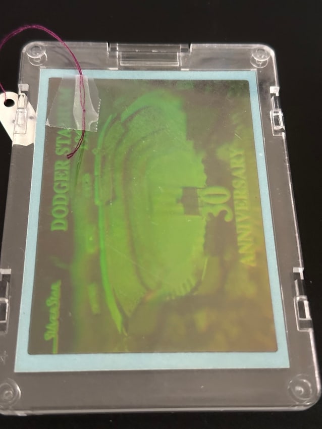 1992 Silverstar Holograms Card Commemorating The 30th Anniversary Of Dodger Stadium.: 1992 silverstar holograms card commemorating the 30th anniversary of dodger stadium. The card was a promotional giveaway at a game on may 2, 1992. It typically comes housed in a protective plastic