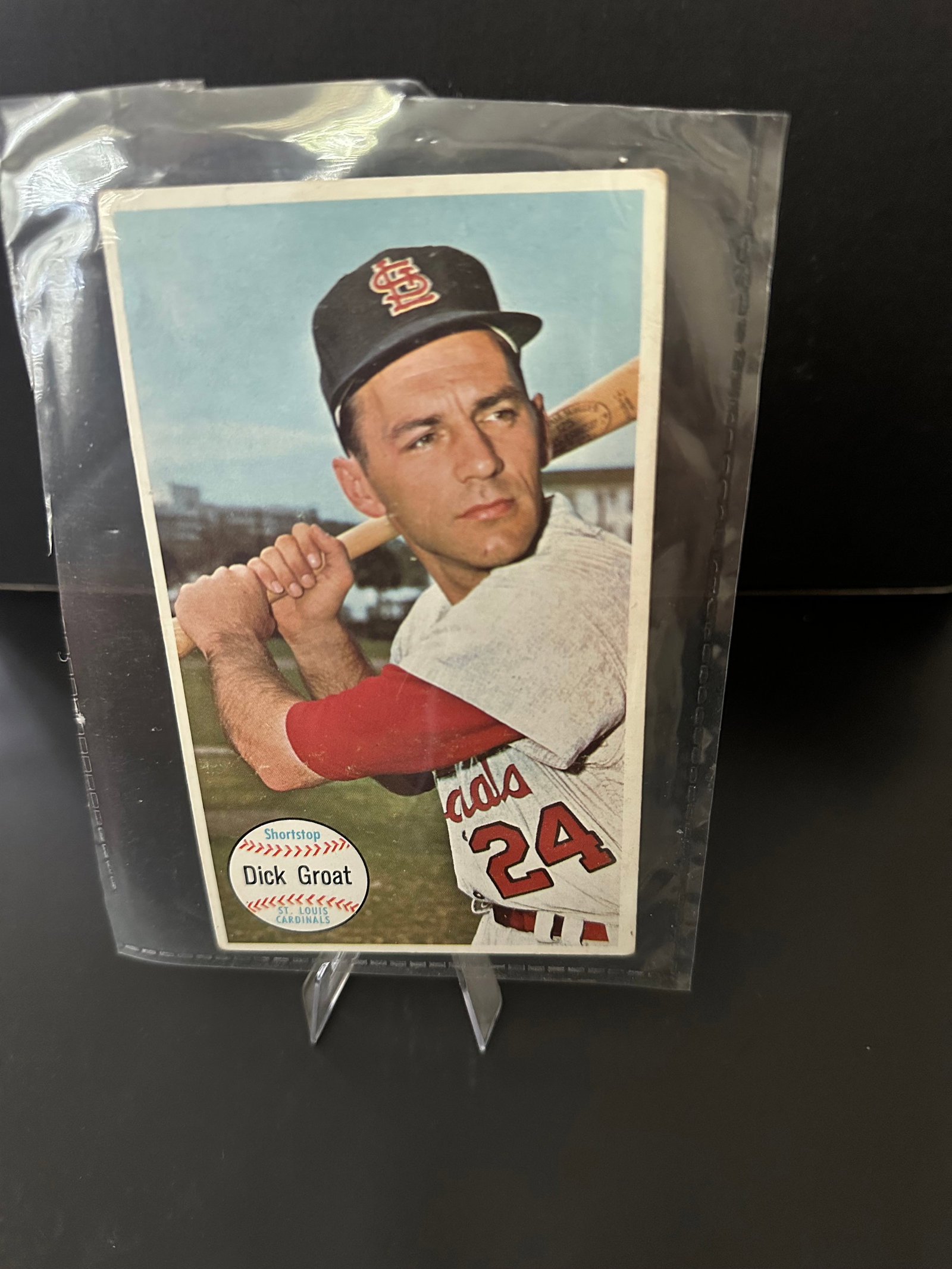 Dick Groat 1964 Giant Baseball Card: A vintage dick groat baseball card from the 1964 topps giant series, featuring the st. Louis cardinals shortstop. The card is numbered 24 and showcases a vibrant image of groat poised with a bat. It's