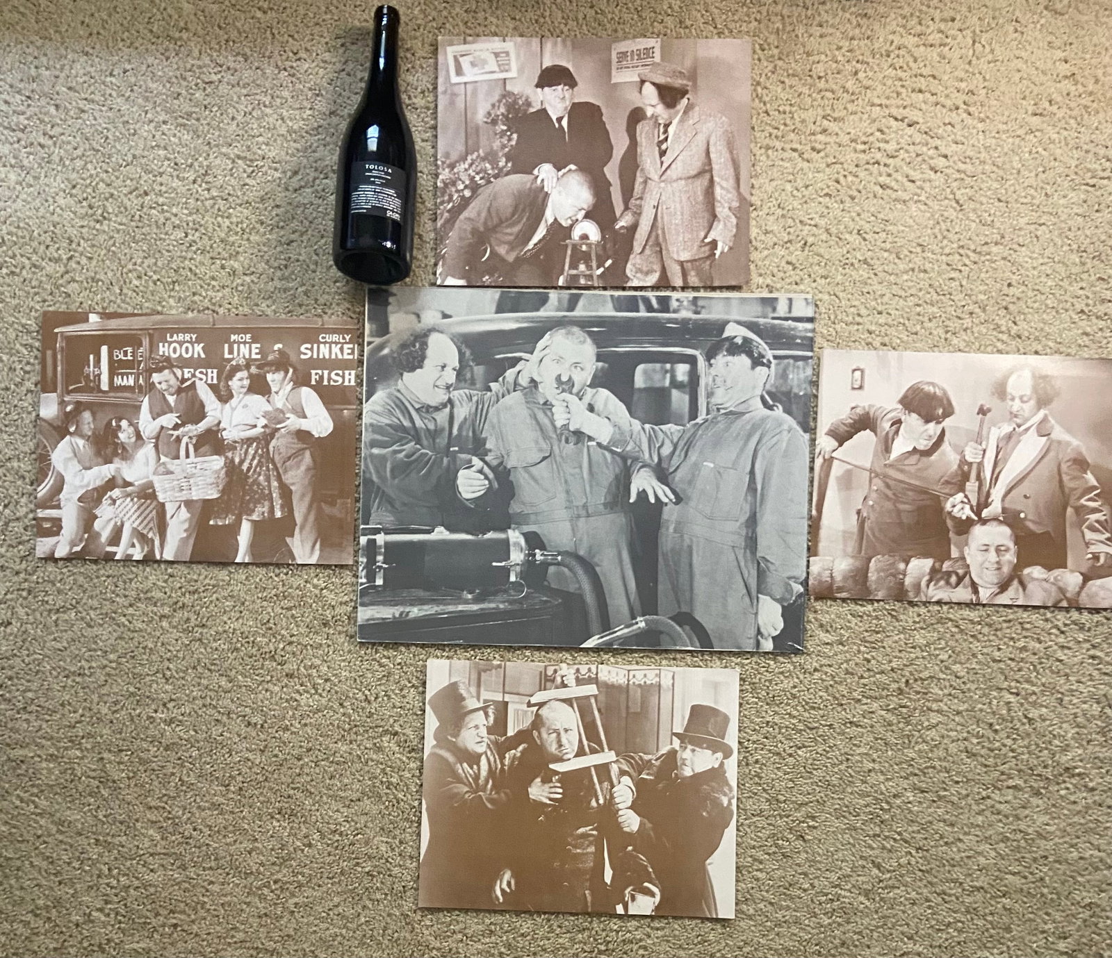 Three Stooges Vintage Reproduction Photo Collection: Collection of five vintage-style photographic prints featuring various scenes from the three stooges films. The set includes classic black and white and sepia-toned images of larry, moe, and curly.