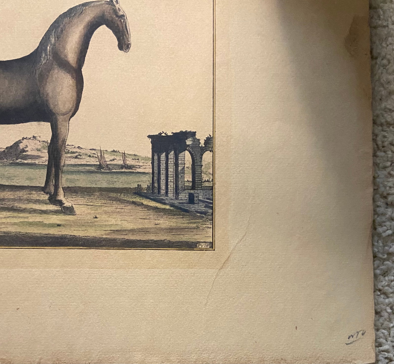 Antique Hand Colored Equine Print Ruin Landscape - 2