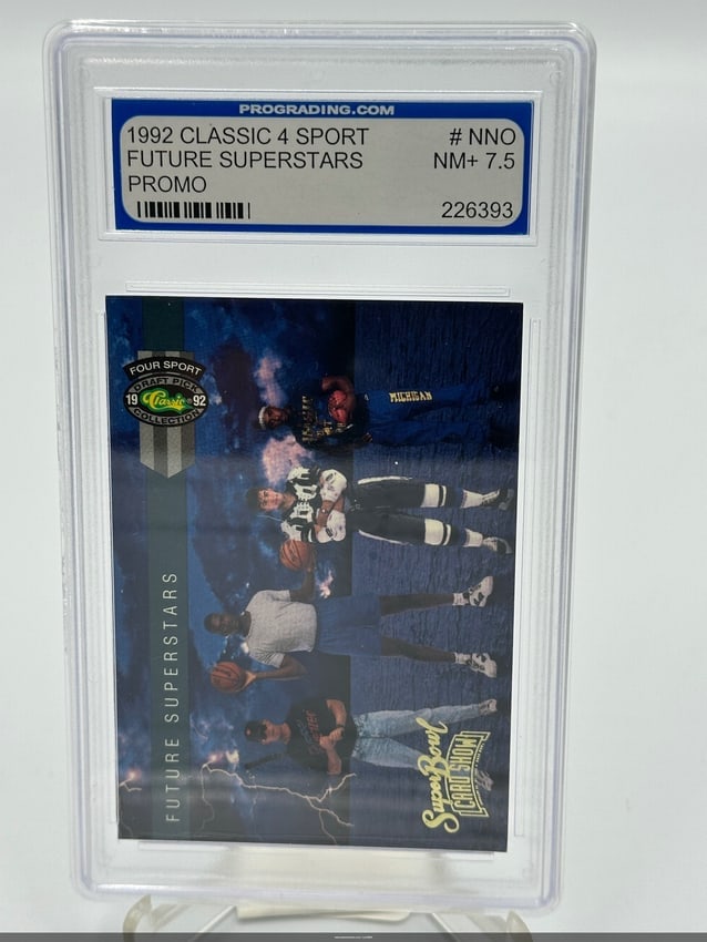 1992 Classic 4 Sport Future Superstars Promo Card: 1992 classic 4 sport future superstars promo card featuring prominent athletes. It's graded nm+ 7. 5 by prograding and showcases an impressive array of future sports legends in basketball, baseball, a