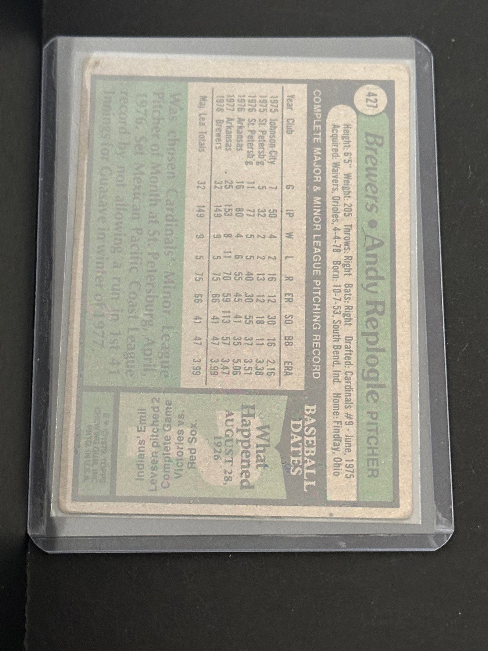 1977 Topps Andy Replogle Milwaukee Brewers Baseball Card - 2