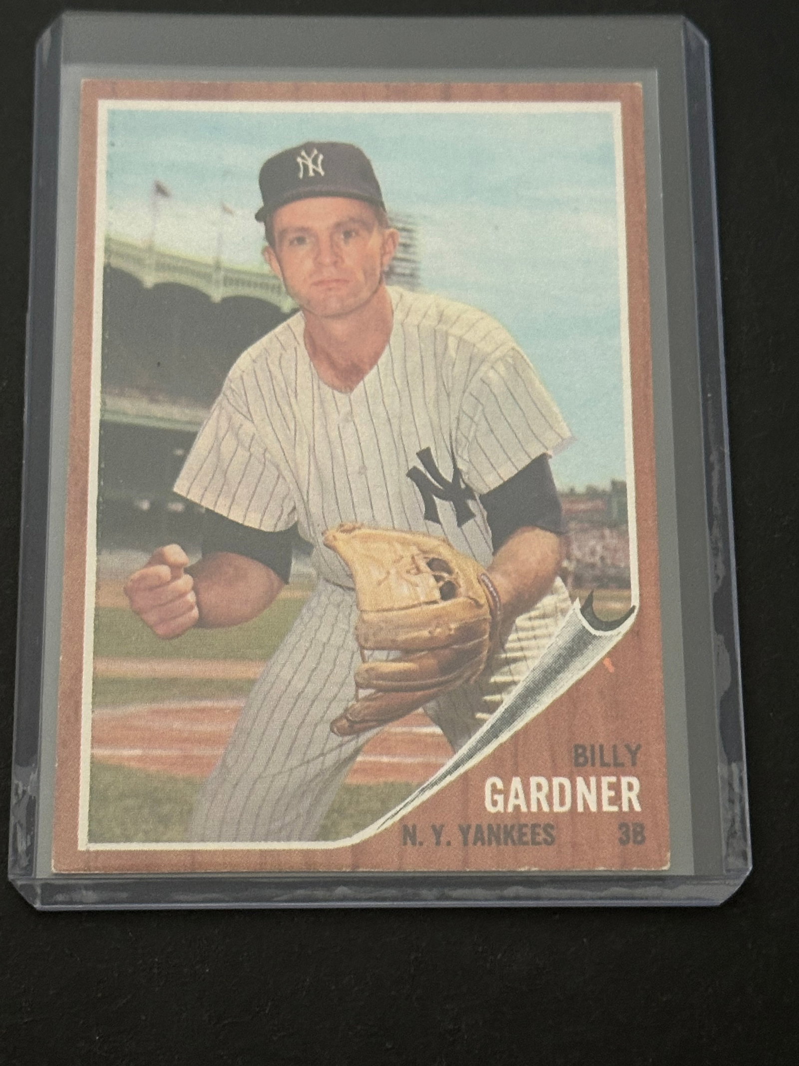 1962 Topps Billy Gardner New York Yankees Card: 1962 topps baseball card featuring billy gardner of the new york yankees. The card shows gardner in his home pinstripe uniform