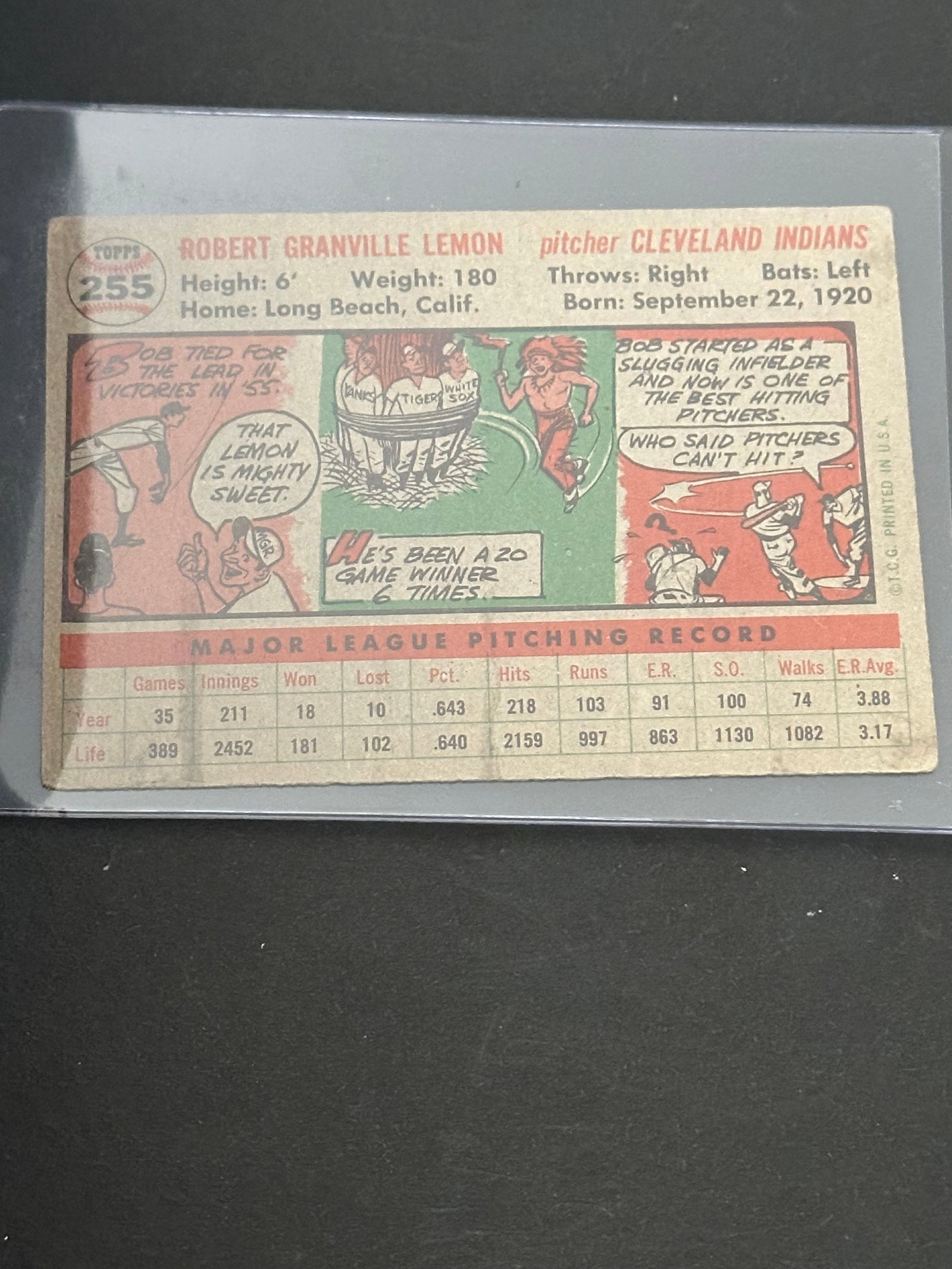1954 Topps Bob Lemon Cleveland Indians Baseball Card - 2