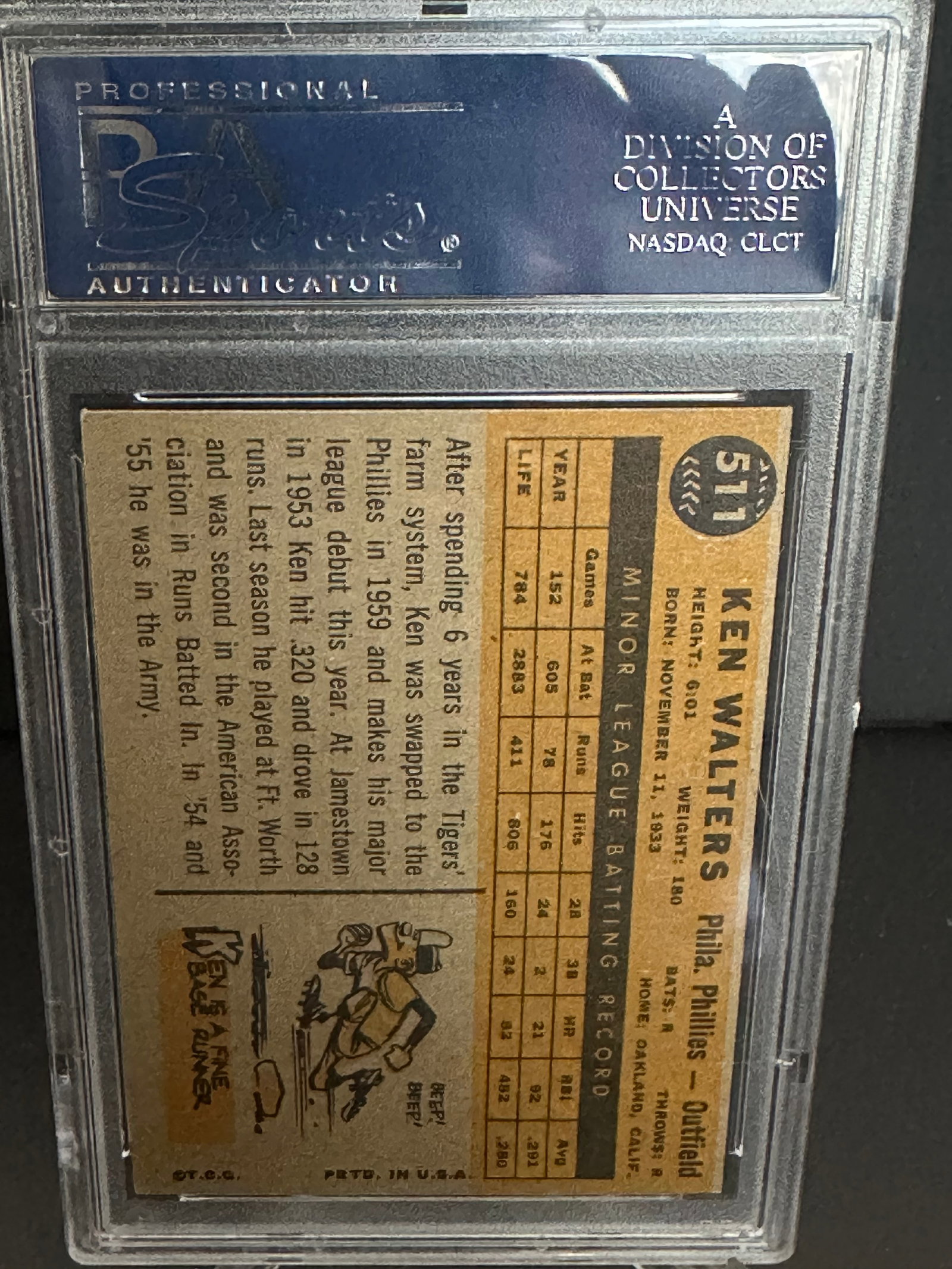 1960 Topps Ken Walters Baseball Card Graded - 2
