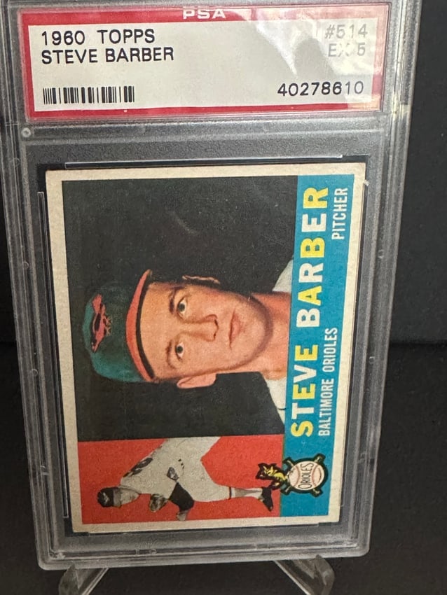 1960 Topps Baseball Card Featuring Steve Barber Graded: Vintage 1960 topps baseball card featuring steve barber, a pitcher for the baltimore orioles. The card is numbered #514 and is graded ex-5 by psa, indicating it is in excellent condition. It