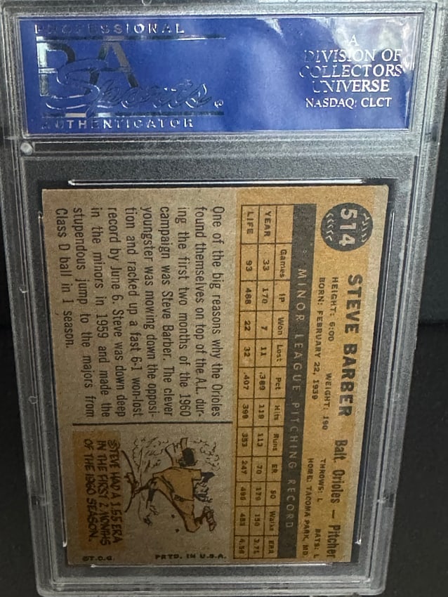 1960 Topps Baseball Card Featuring Steve Barber Graded - 2