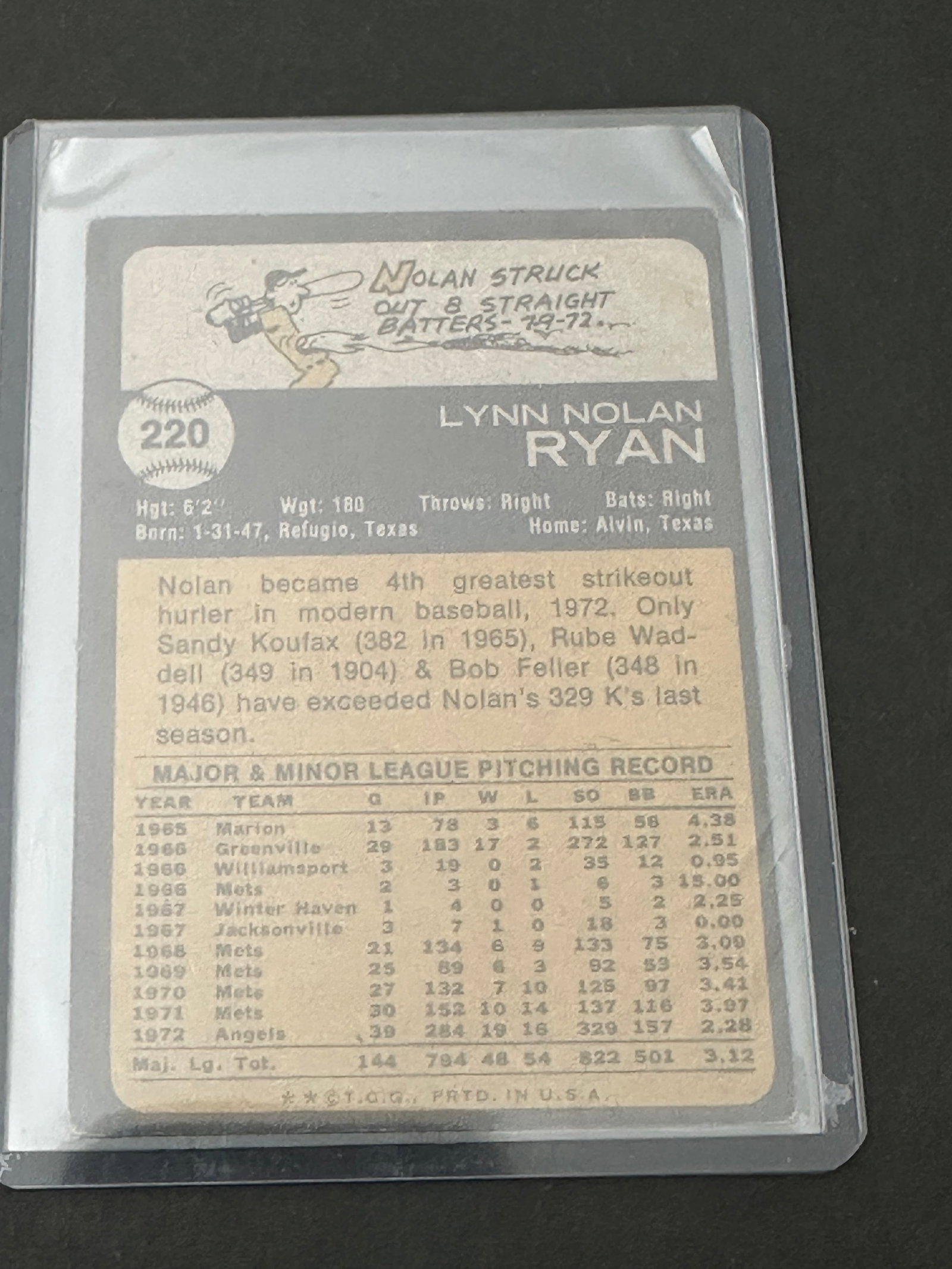 Nolan Ryan Baseball Card, Numbered 220 In The Set. - 2