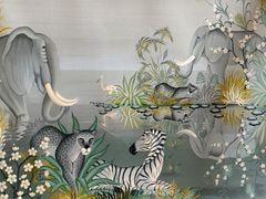 Late 20th C. Gustavo Novoa Pencil signed Titled Lithograph: Unframed print titled 'L'Attitude' depicting a wildlife scene with elephants, zebras, leopards, and flora near a reflective body of water. Numbered 153/275 and signed by the artist. This Gustavo Nova
