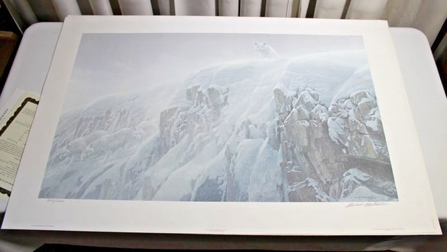 Arctic Cliff - White Wolves by Robert Bateman: Robert Bateman Arctic Cliffs White Wolves Print - Signed by Artist in pencil. Numbered 2972/13,000Robert Bateman (born May 24, 1930) is a world-renowned Canadian naturalist and painter celebrated for