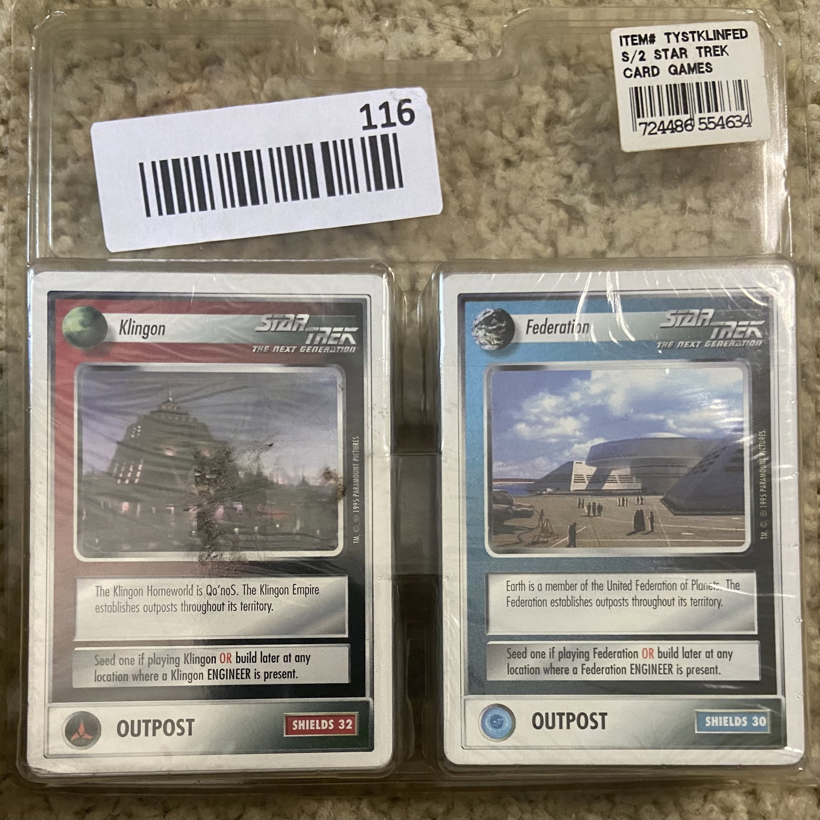 Star Trek TNG Customizable Card Game Outpost Starter Deck: This is a sealed factory blister pack containing two starter decks for the 1995 Star Trek: The Next Generation Customizable Card Game. The set includes Klingon and Federation themed outpost starter de
