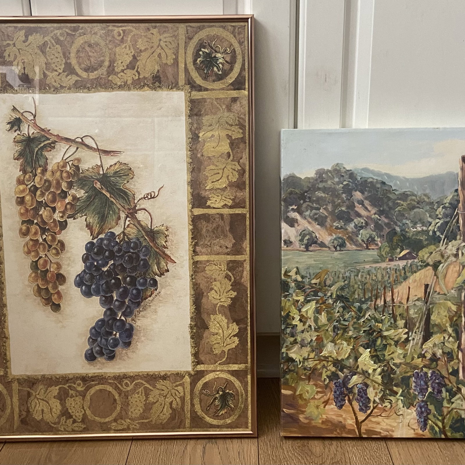 Vineyard Pictures: Two pictures of wine grapes priint and Central Coast California vineyard acrylic painting signed by local artist