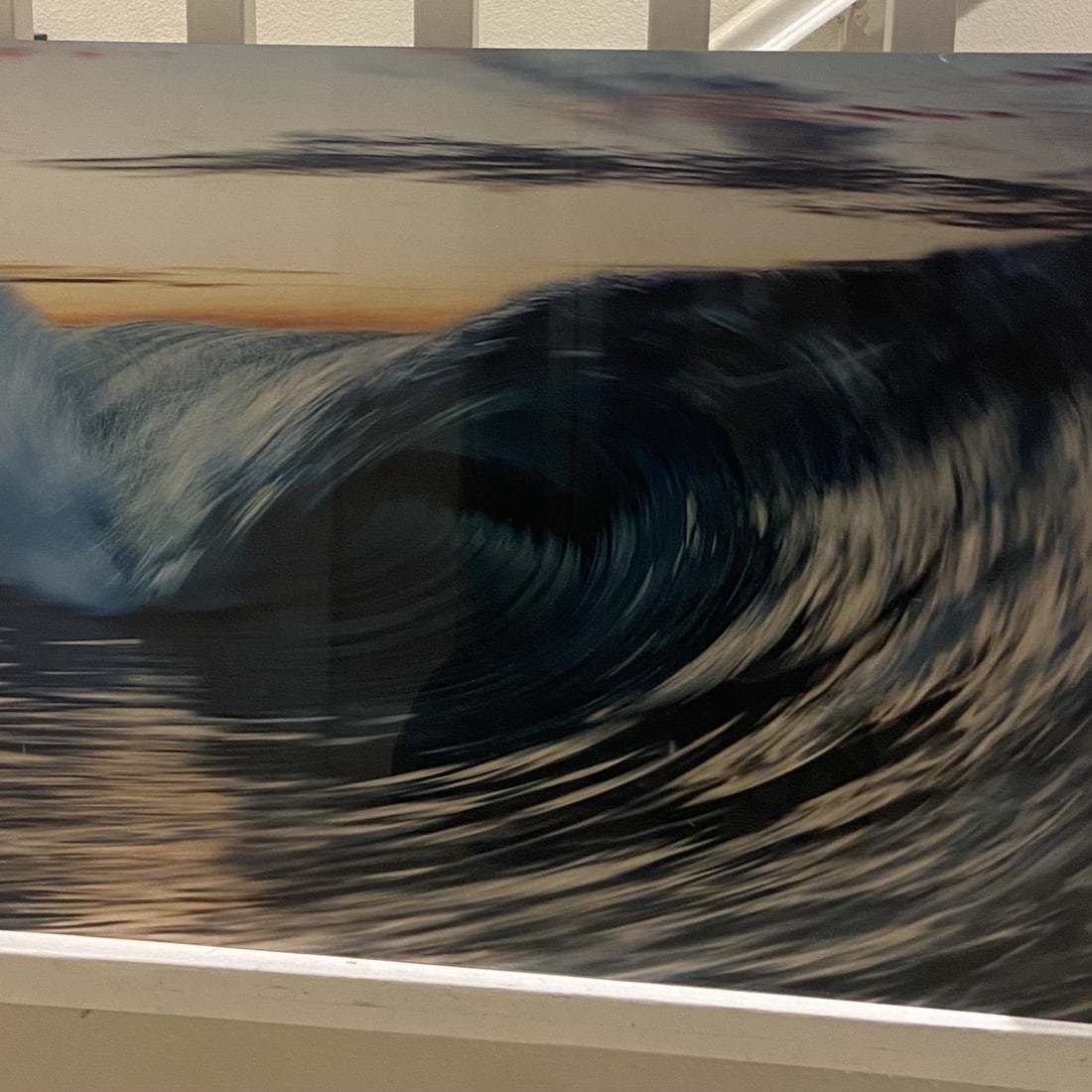 Tony Desantis The Right Moment Ocean Photography: Signed by Tony Desantis with COA Metal wall art piece featuring a high-definition photograph of a crashing ocean wave at sunset. The image is printed on a smooth, reflective surface, metal