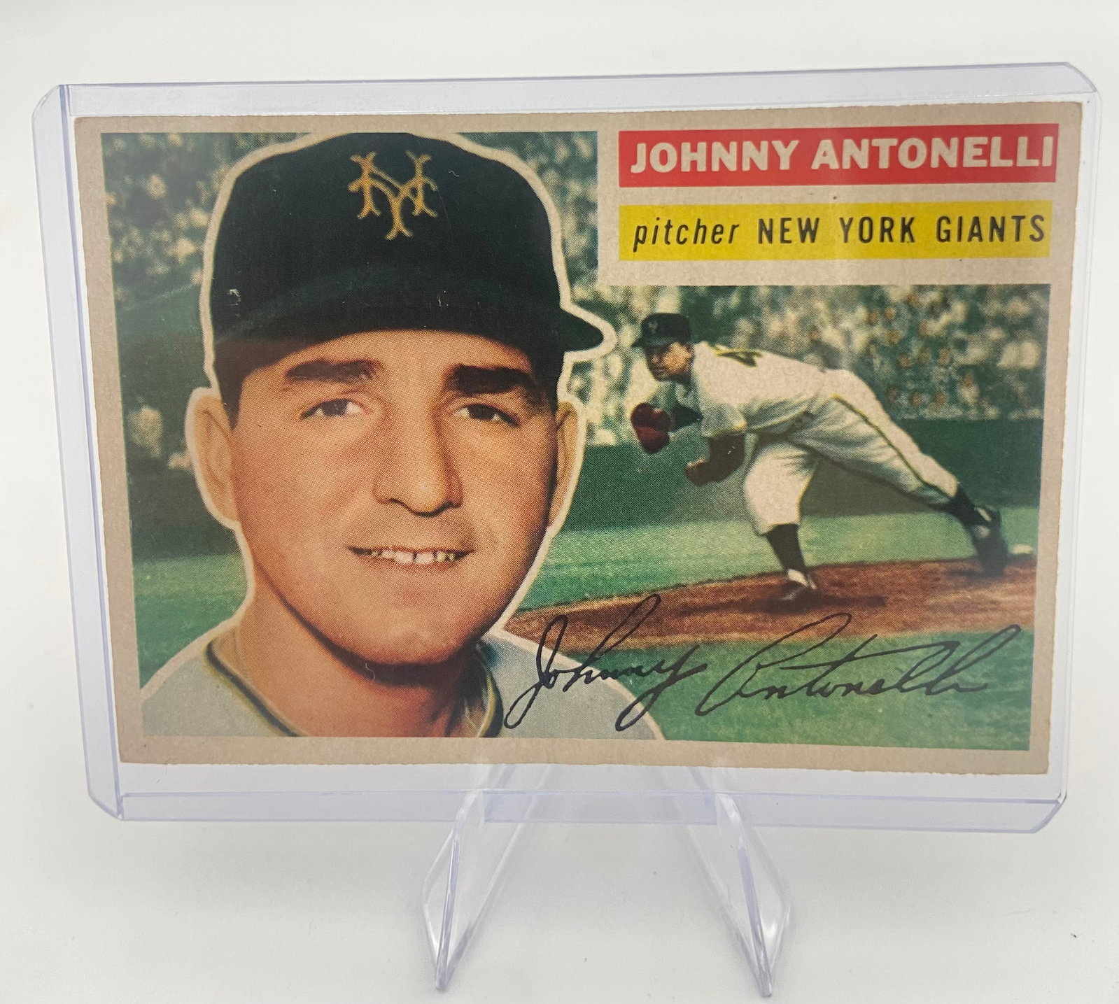 1955 Topps Johnny Antonelli Baseball Card: Raw - ungraded - condition is as shown and sold as is1955 Topps baseball card featuring New York Giants pitcher Johnny Antonelli. The card displays a portrait of the player alongside an action shot