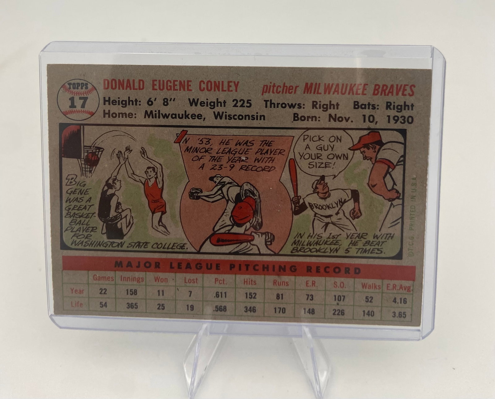 1956 Topps Gene Conley Milwaukee Braves Baseball Card - 2