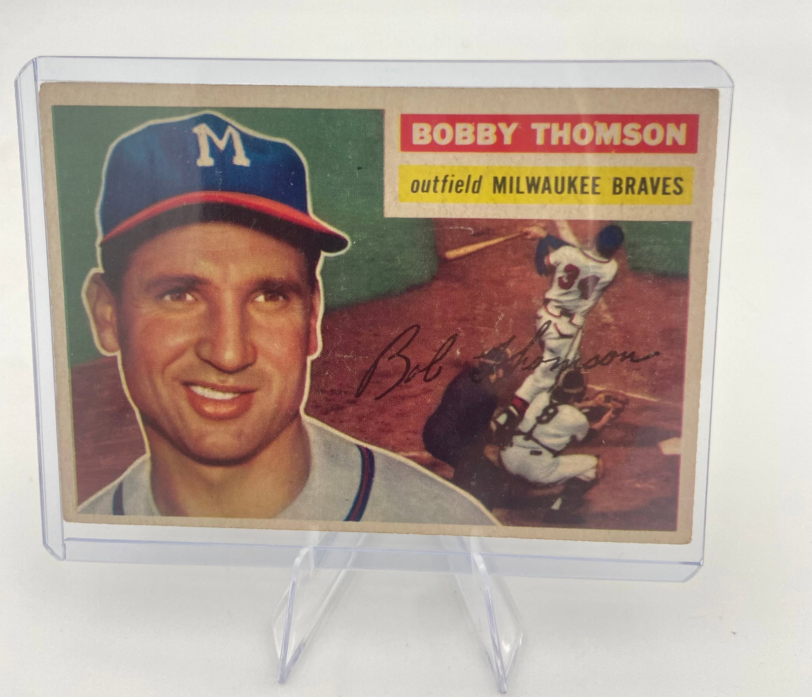 1954 Topps Bobby Thomson Milwaukee Braves Baseball Card: Raw - ungraded - condition is as shown and sold as is Bobby Thomson as an outfielder for the Milwaukee Braves. The card includes a portrait of the player alongside a printed facsimile signature and a