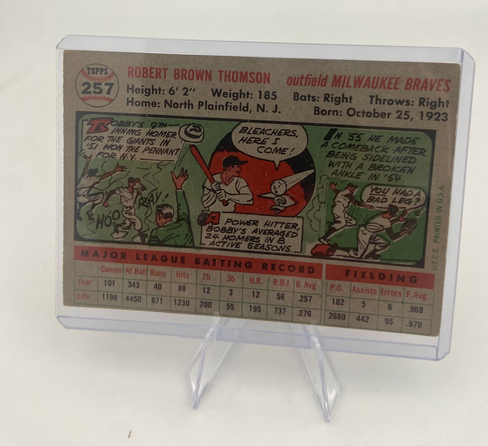 1956 Topps Bobby Thomson Milwaukee Braves Baseball Card - 2