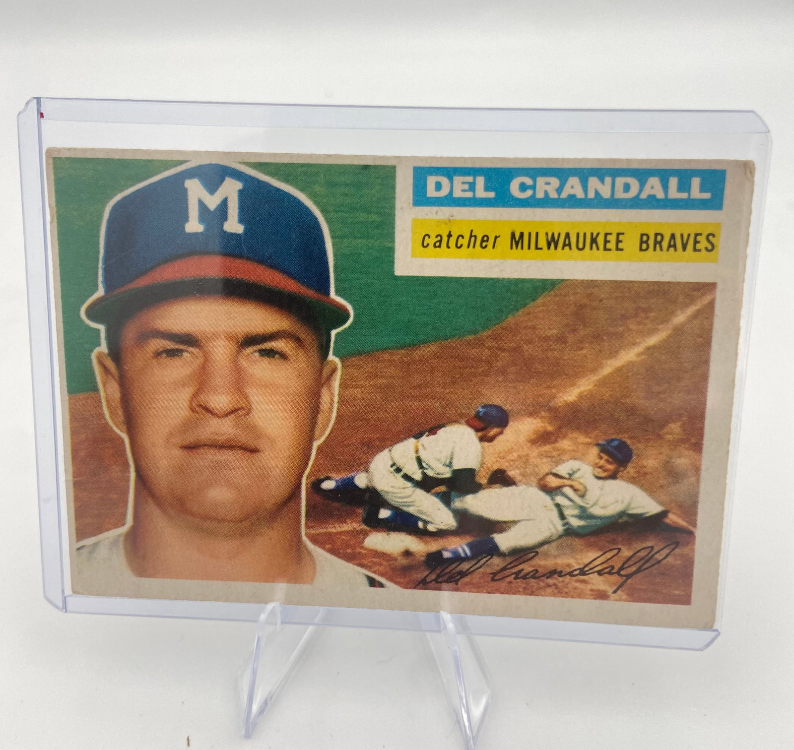 1958 Topps Del Crandall Milwaukee Braves: This is a 1958 Topps baseball card featuring catcher Del Crandall of the Milwaukee Braves. The card displays a portrait of the player alongside an action shot of him playing at the plate and comes