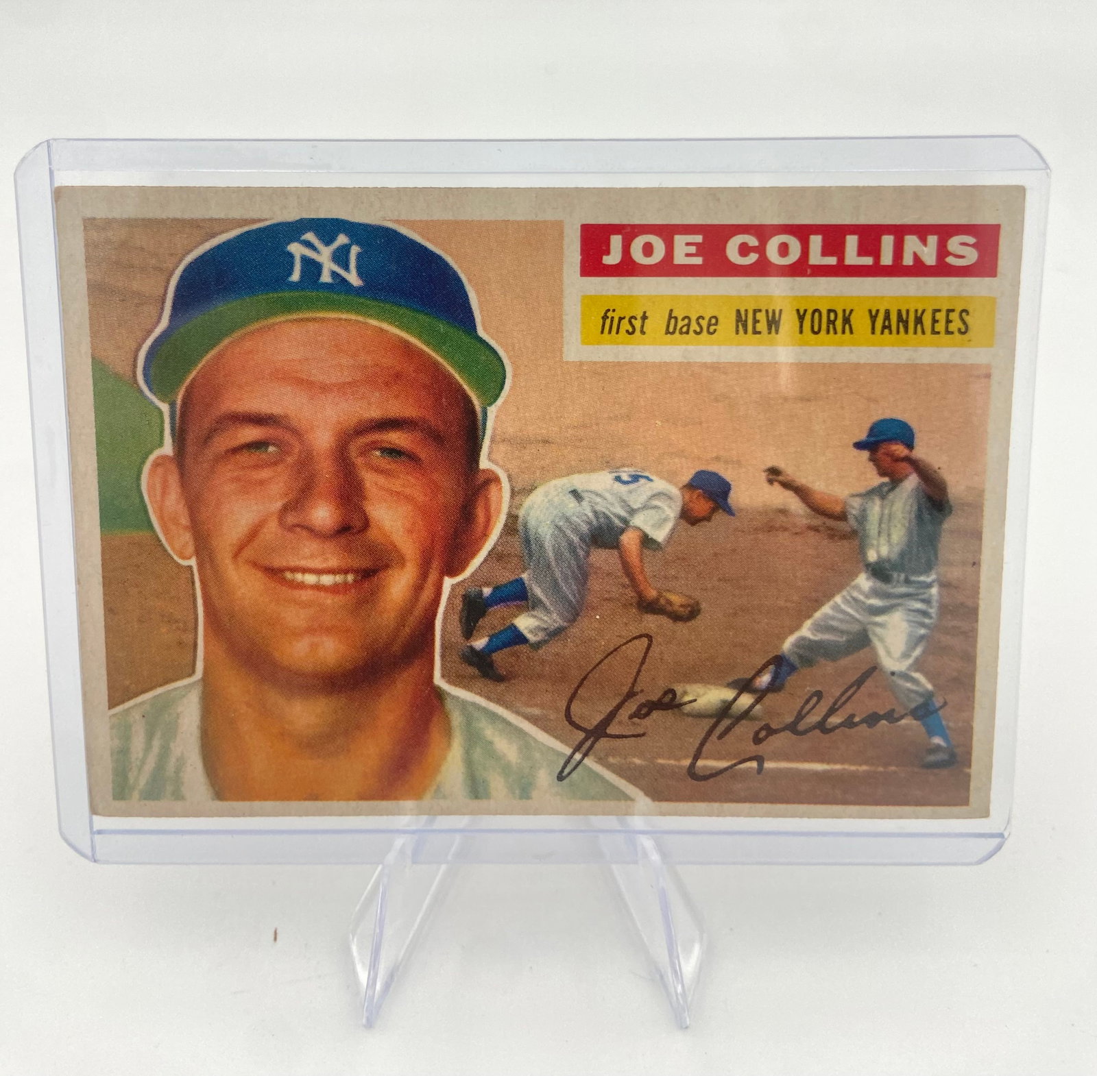 1954 Topps Joe Collins New York Yankees Baseball Card: This is a 1954 Topps baseball card featuring New York Yankees first baseman Joe Collins. The card showcases a portrait of the player alongside an action shot and a facsimile autograph. It is