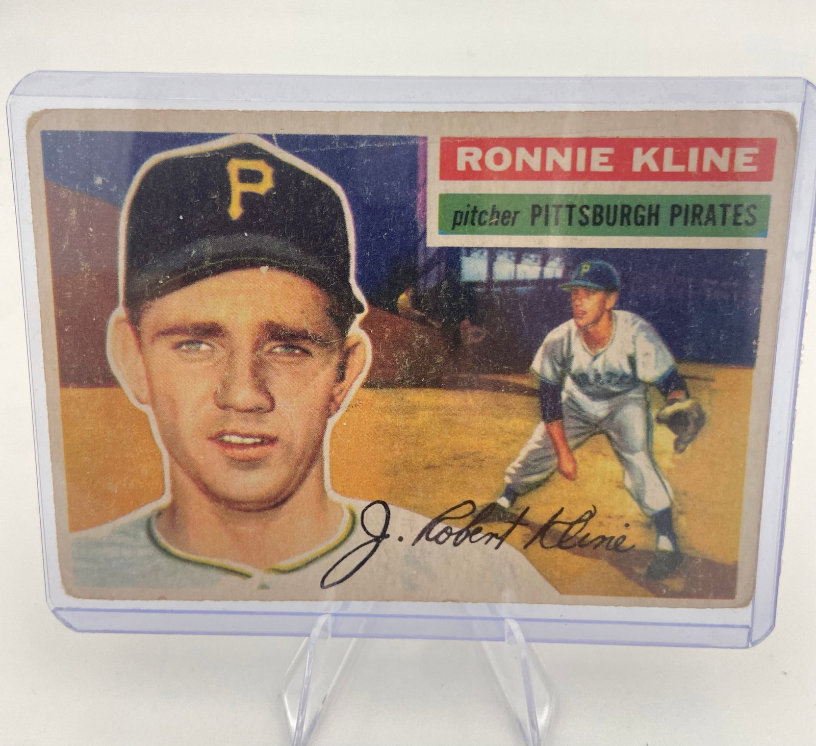 1957 Topps Ronnie Kline Baseball Card: This is a 1957 Topps baseball card featuring Pittsburgh Pirates pitcher Ronnie Kline. The card displays a portrait of the player on the left with an action shot on the right and includes his signature