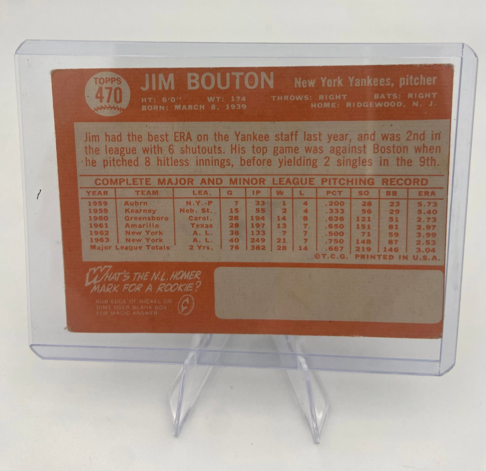 1963 Topps Jim Bouton New York Yankees Baseball Card - 2