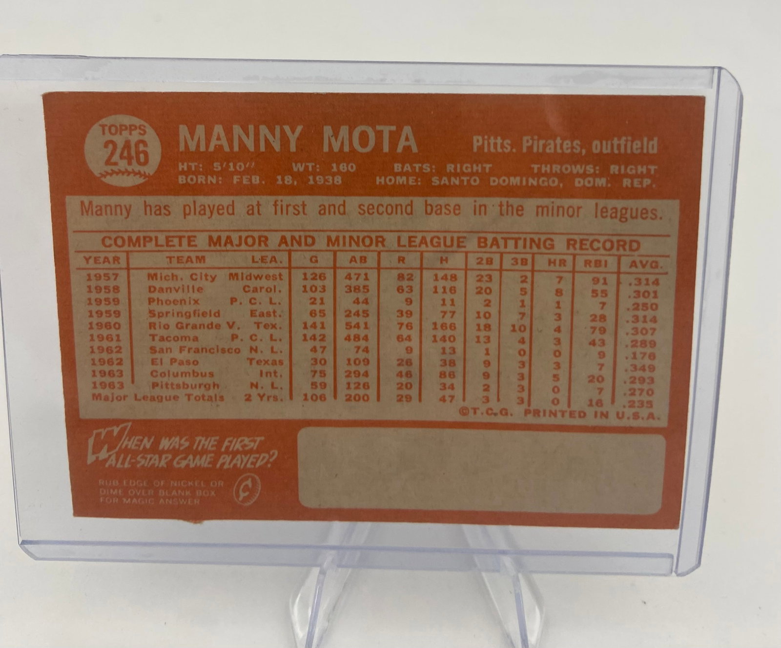 1966 Topps Manny Mota Pittsburgh Pirates Baseball Card - 2