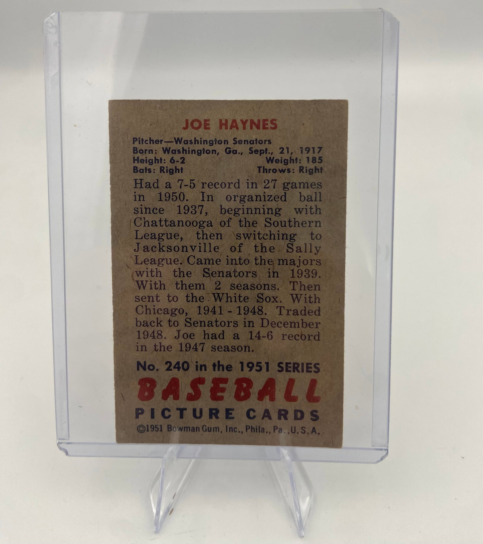1952 Topps Joe Haynes Baseball Card - 2