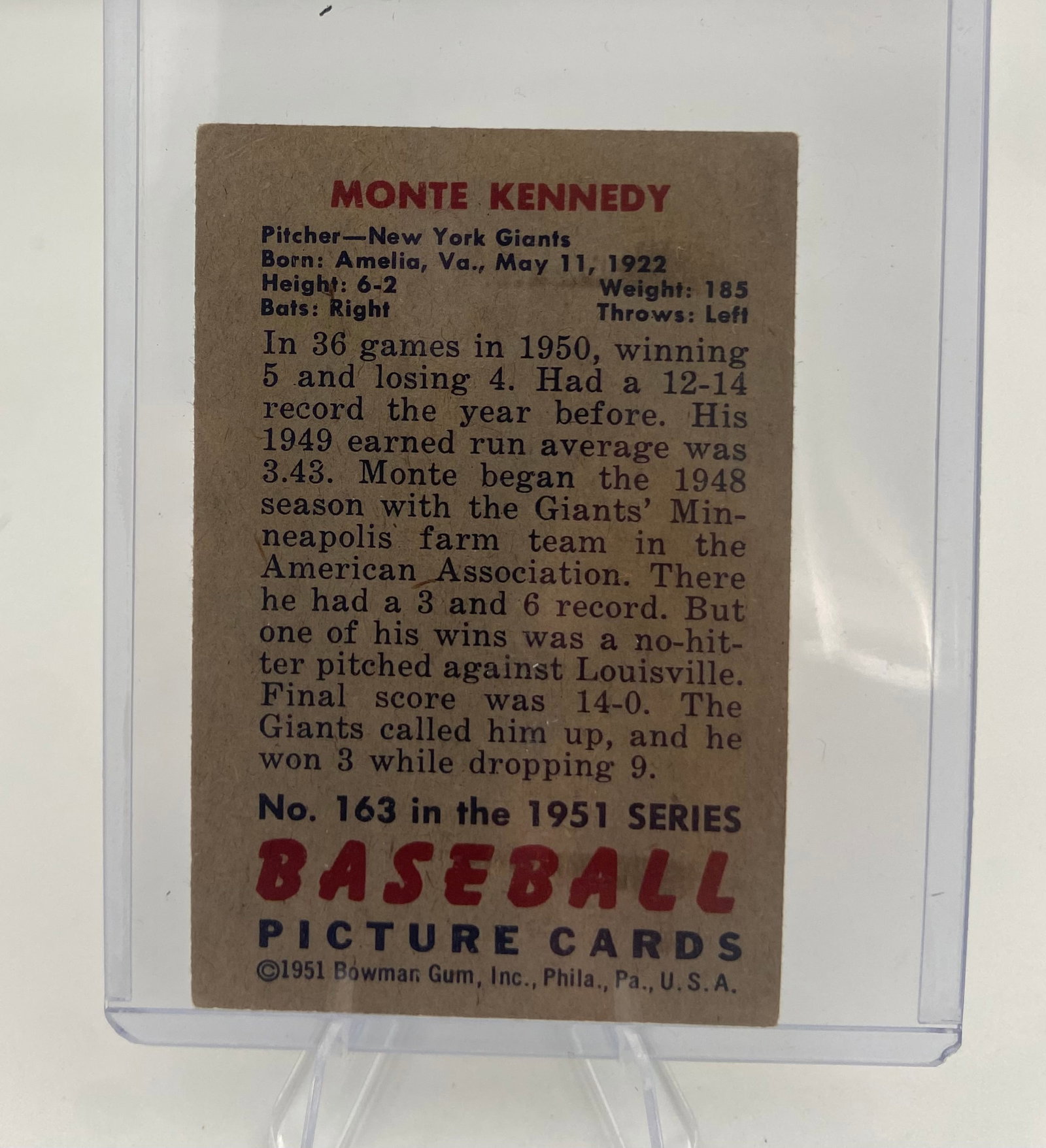 1951 Bowman Monte Kennedy Baseball Card - 2